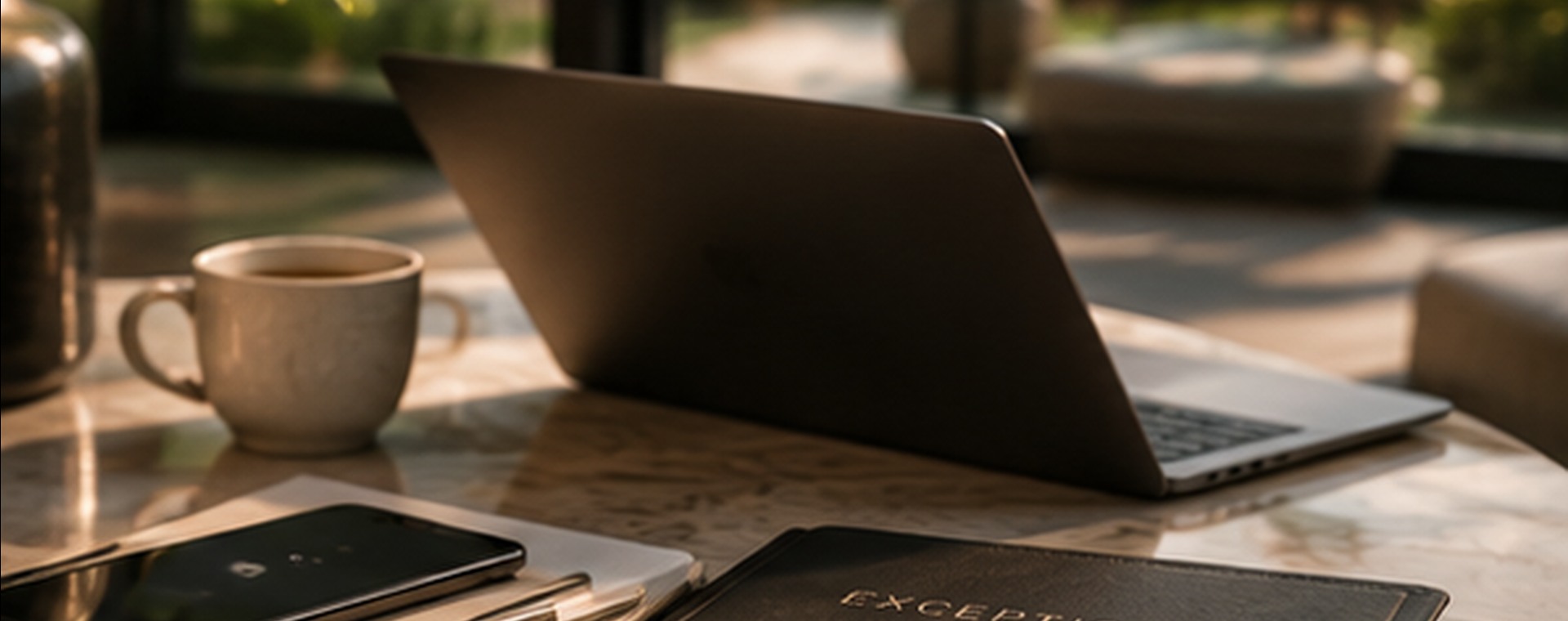Refined work setting with laptop, phone and notebook