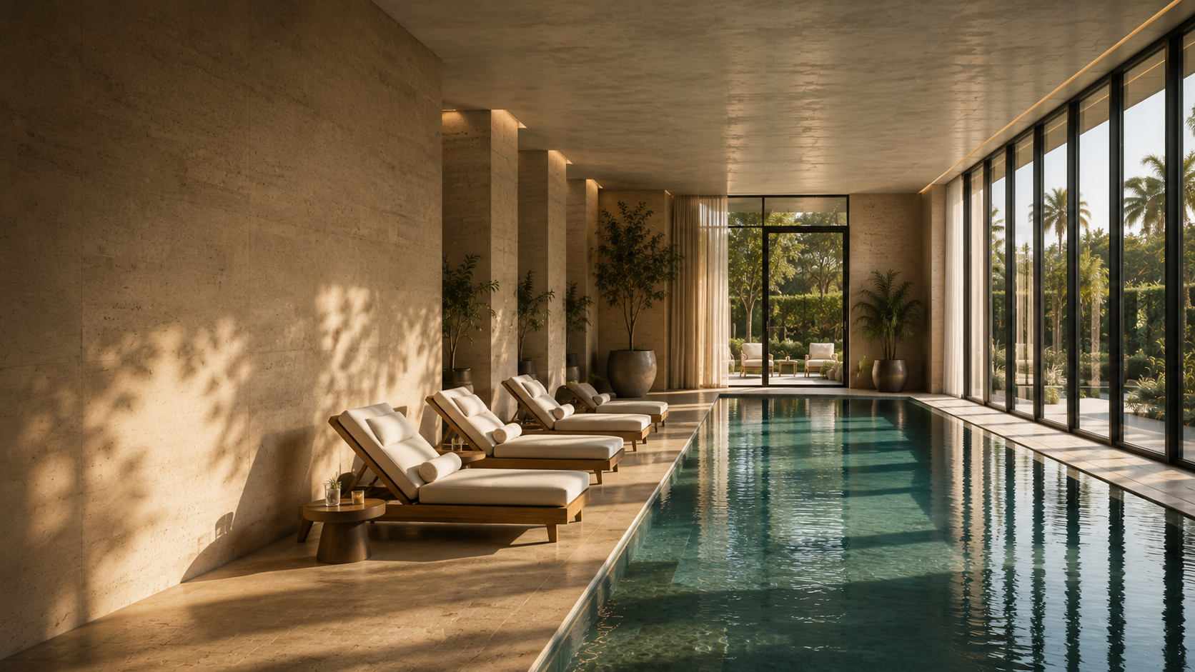 Sunlit indoor pool and wellness lounge